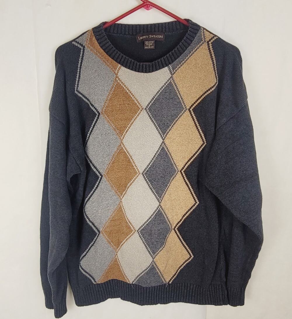 Vintage Liberty Sweaters tan and grey argyle sweater Size Medium Preppy Dadcore
